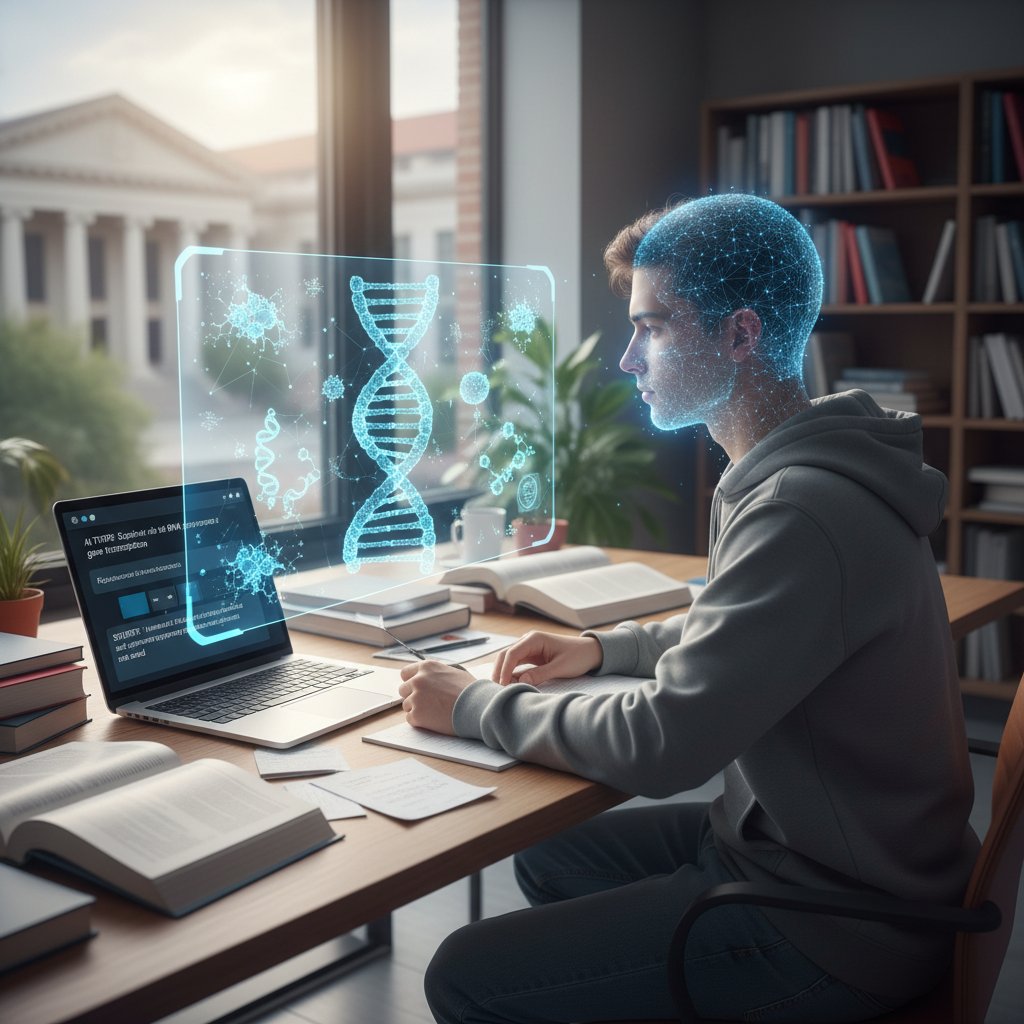 Student korzystający z aplikacji AI do nauki biologii molekularnej – nowoczesna edukacja online
