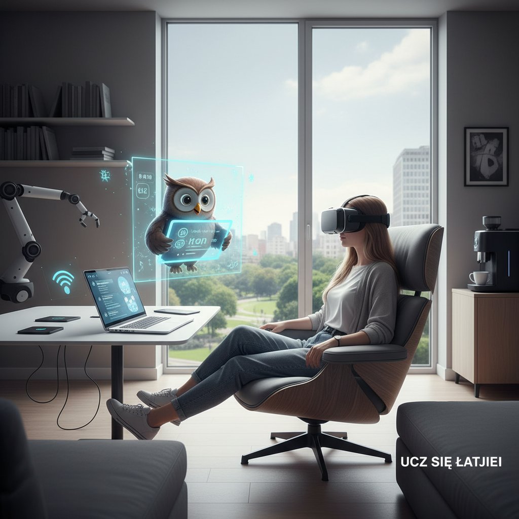 Uczeń korzysta z AI-tutora online, nowoczesny pokój, ekran komputera, nauka języka polskiego, wygoda