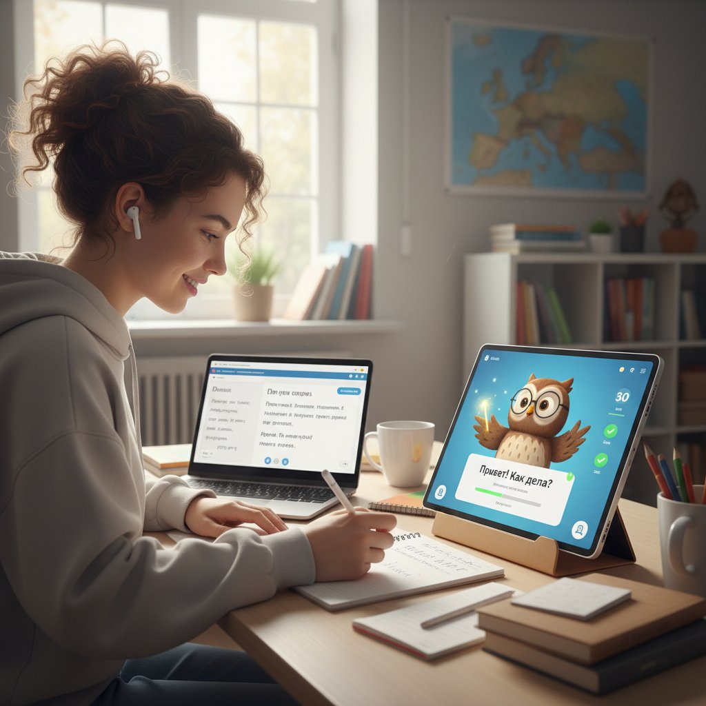Uczeń korzystający z platformy AI podczas nauki rosyjskiego, widoczne interaktywne elementy na ekranie