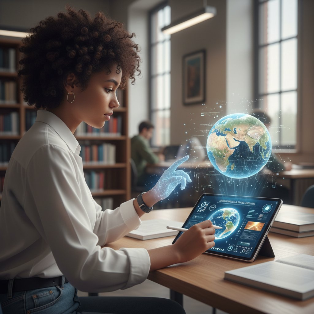 Student korzystający z AI do nauki geoinformatyki na tablecie