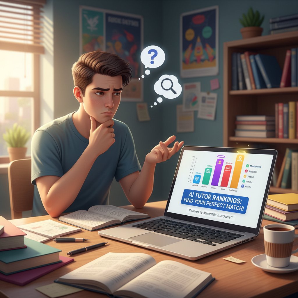 Uczennica patrząca z rezerwą na ekran z rankingiem nauczycieli generowanym przez AI