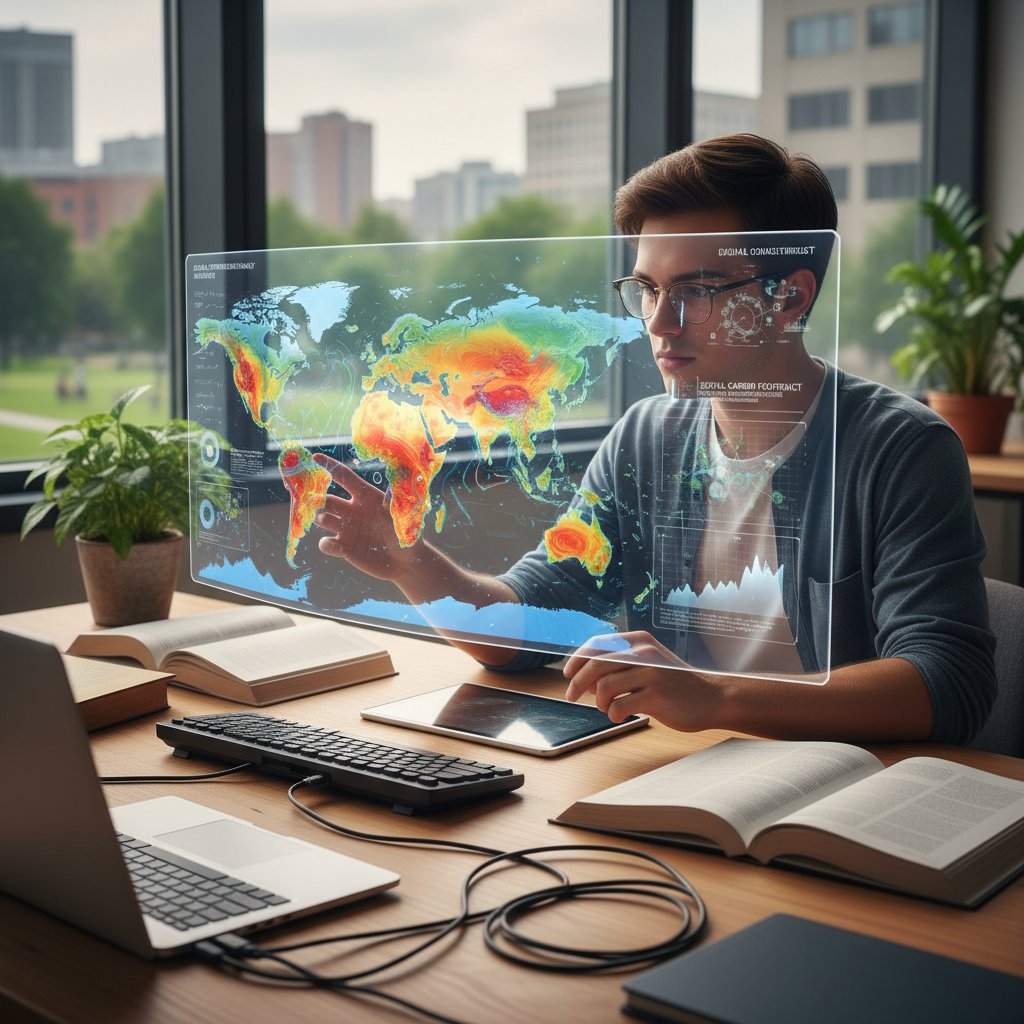 Uczeń analizuje zmiany klimatu na cyfrowej mapie świata, wieczorne światło, elementy ekologii