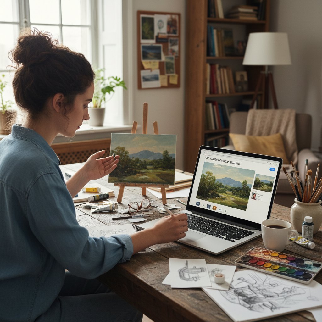 Uczeń analizujący swoją pracę plastyczną przy biurku, otoczony różnymi narzędziami, otwarty laptop z platformą edukacyjną
