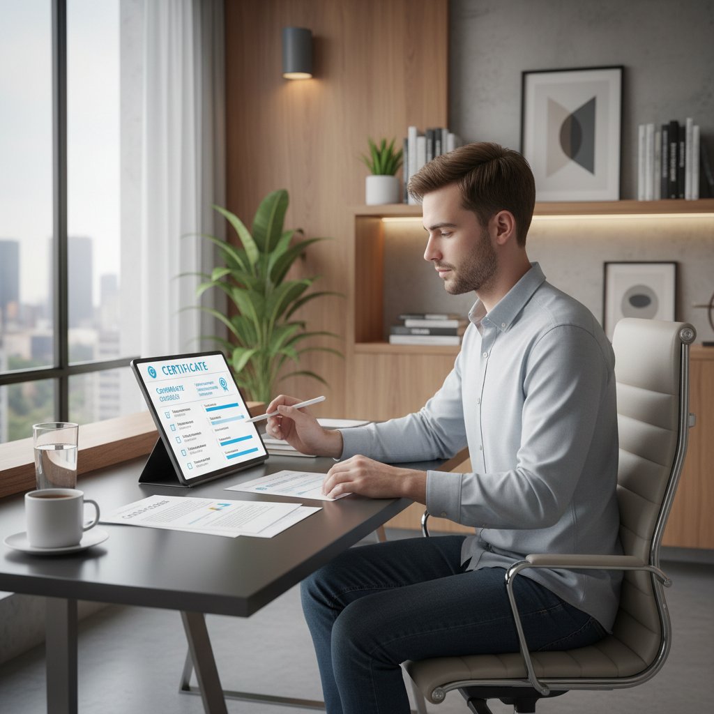 Student analizujący checklistę wyboru certyfikatu na tablecie, wyraźne skupienie, nowoczesne wnętrze