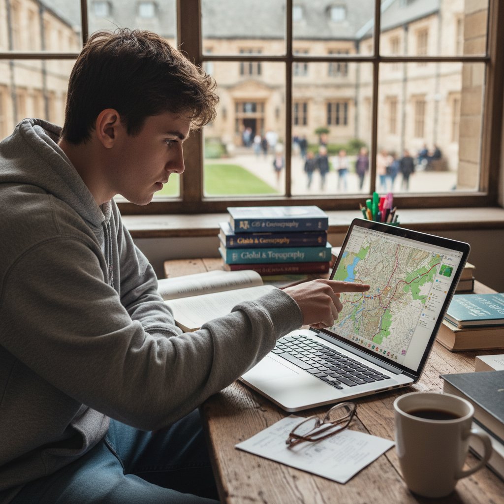 Młody student analizujący cyfrową mapę na laptopie, z widocznymi legendami i warstwami danych