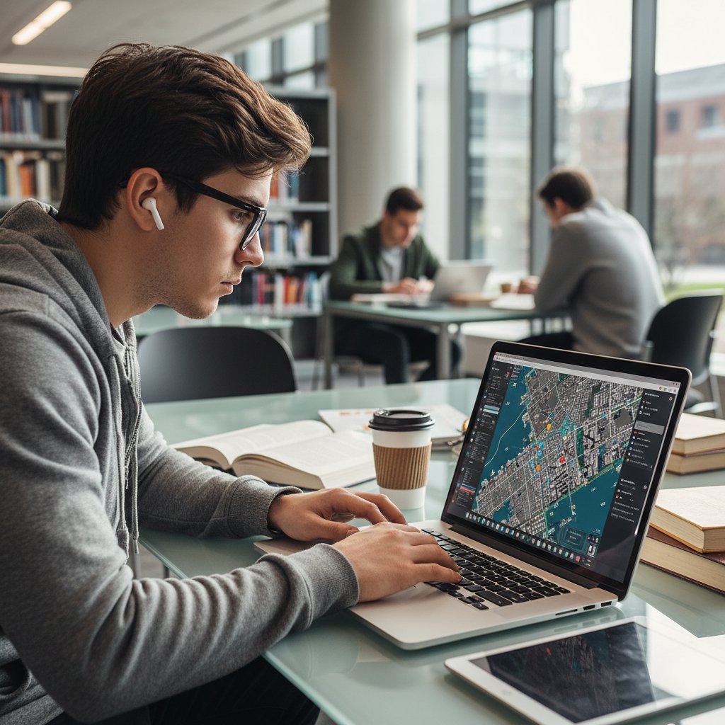 Uczeń analizujący mapę cyfrową, laptop, skupienie, notatki, edukacja nowoczesna