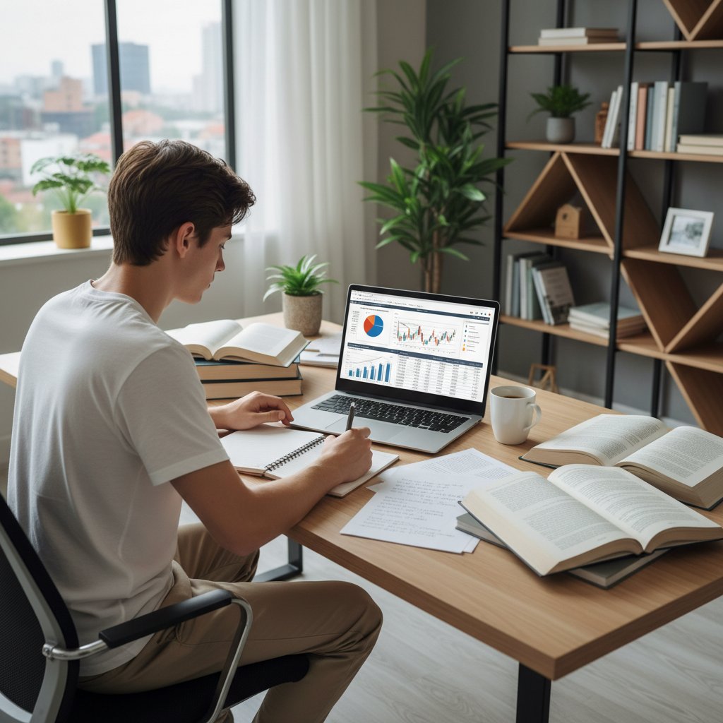 Student analizujący raporty ekonomiczne przy laptopie, notatki, nowoczesny wystrój