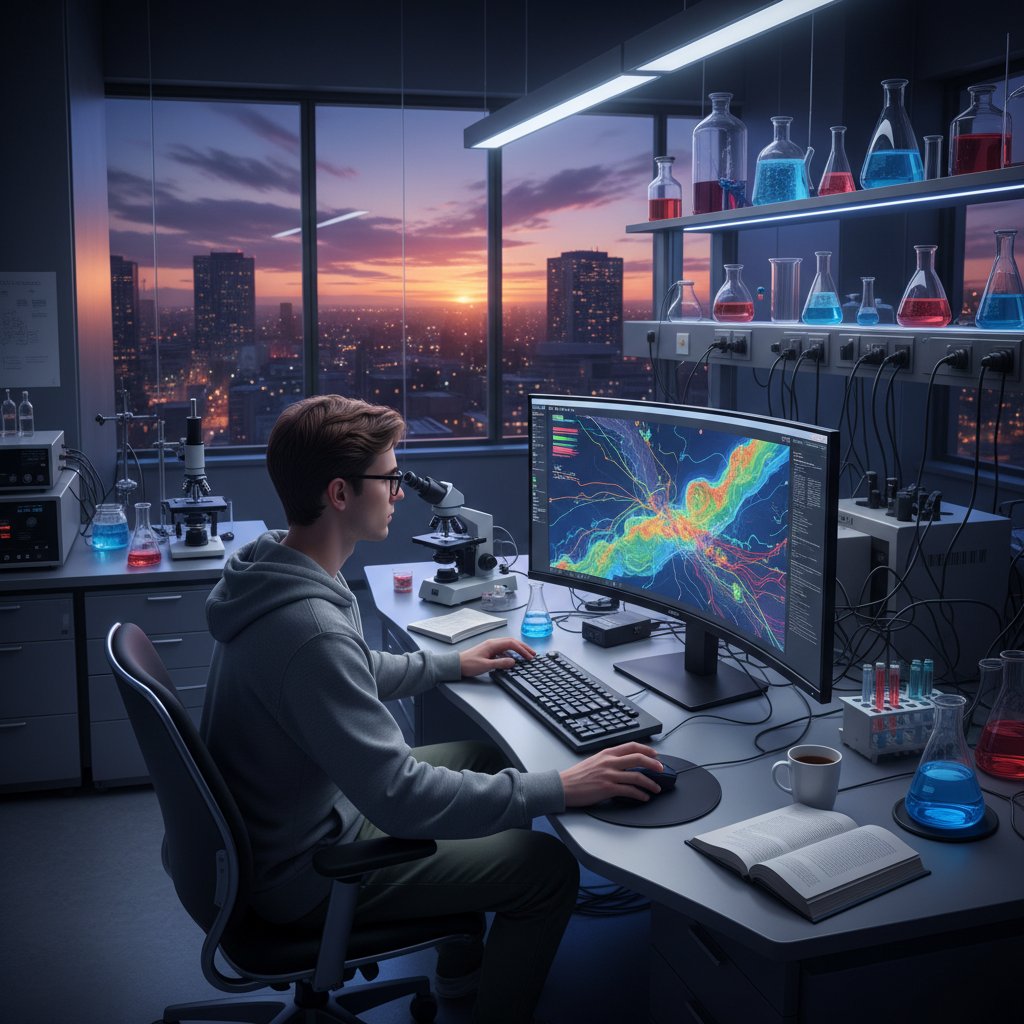 Uczeń analizujący mapę na ekranie komputera, skupienie, otoczenie naukowe, wieczorne światło