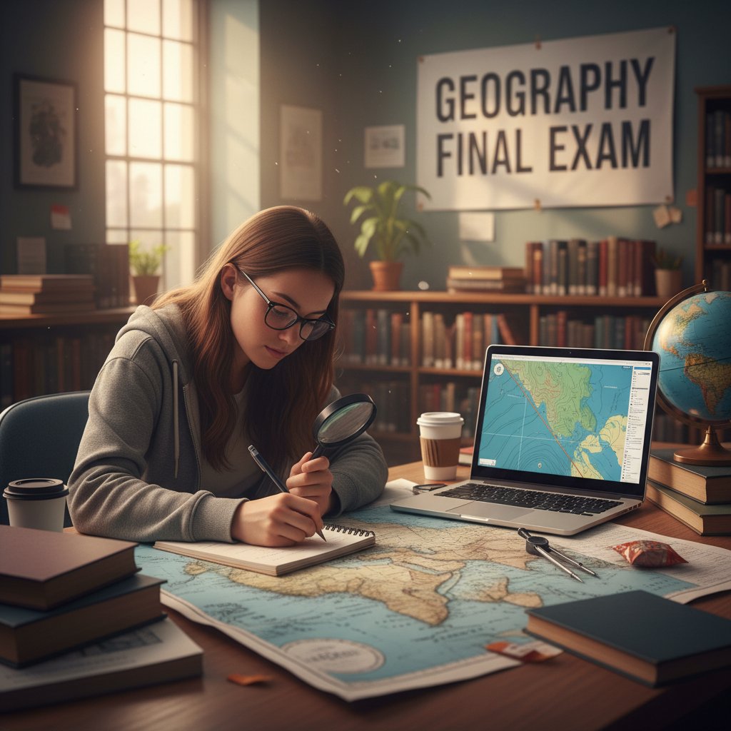 Uczeń analizujący mapę, notatki, komputer podczas przygotowań do matury z geografii