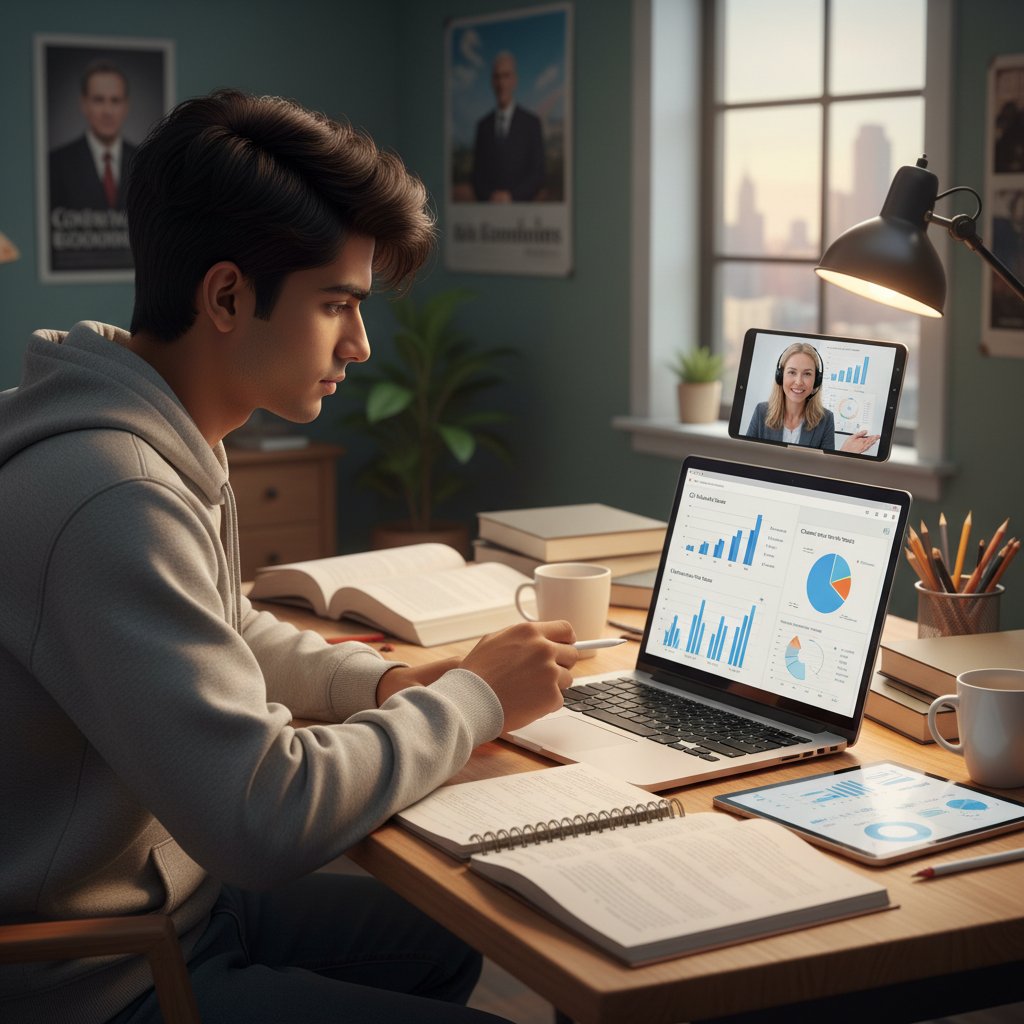 Student analizujący statystyki rynku korepetycji online na laptopie