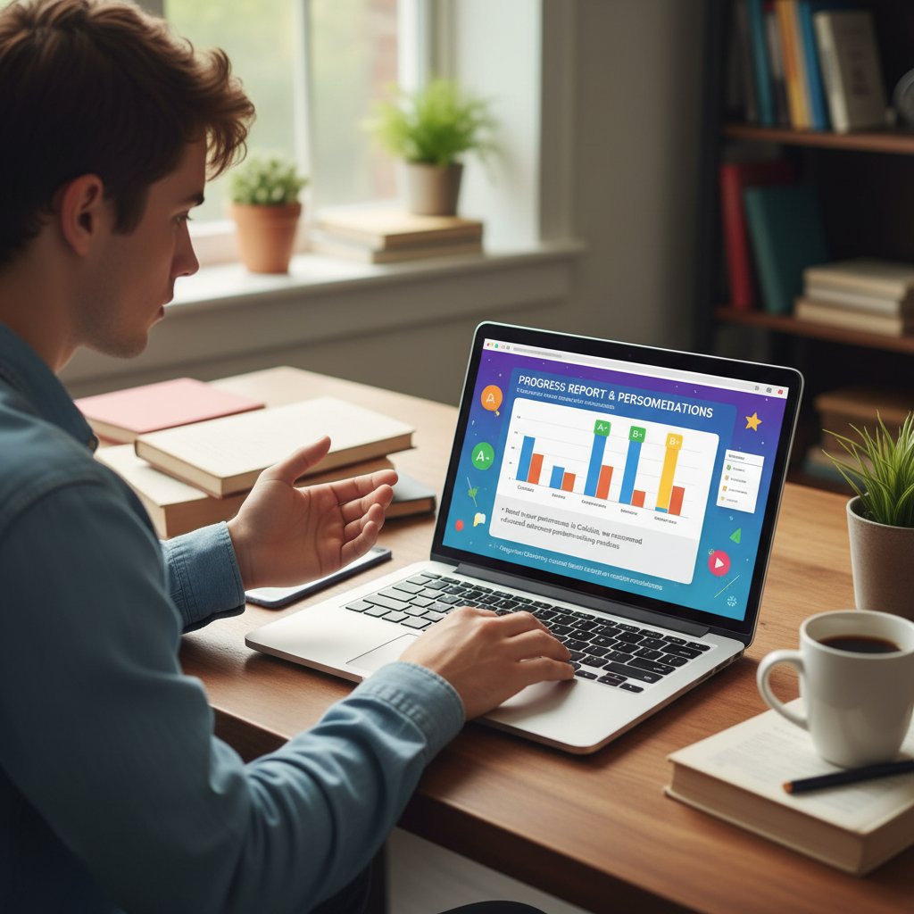 Uczeń analizujący raport postępów i korzystający z personalizowanych rekomendacji na laptopie