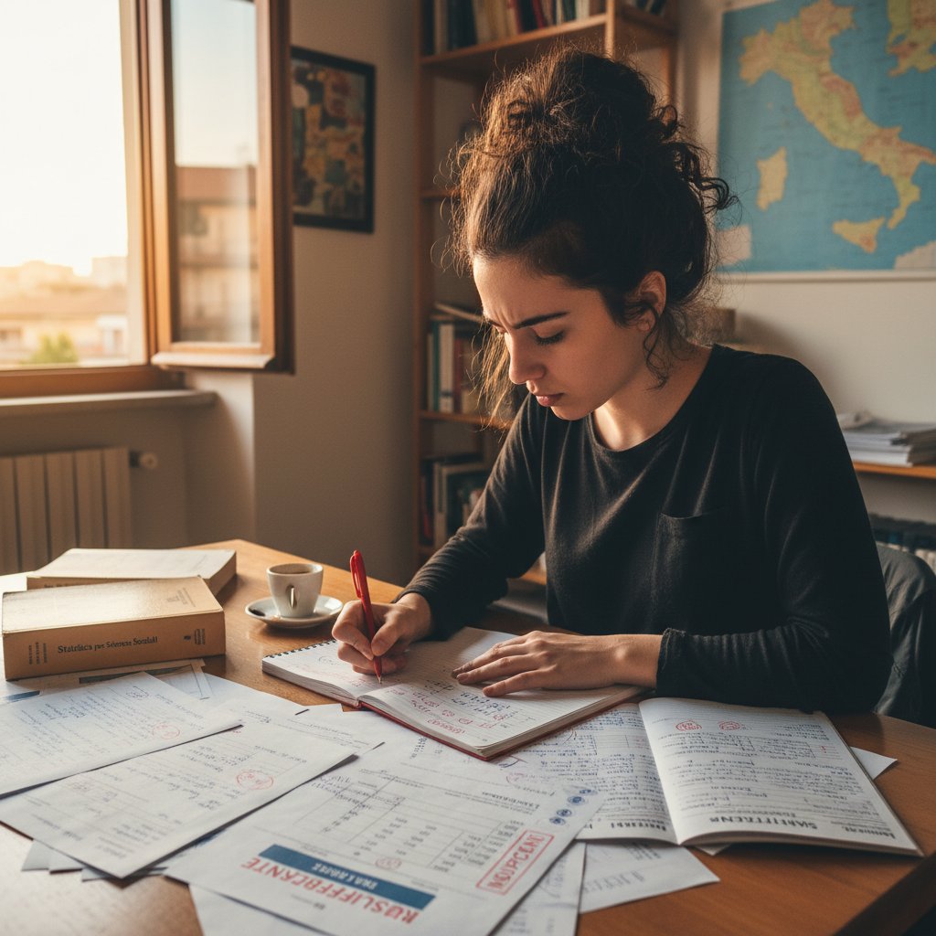 Student analizuje raport błędów po włoskim teście online, skupiona twarz, przy stole z notatkami