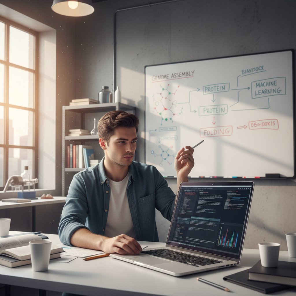 Student analizujący wyniki projektu bioinformatycznego, tablica z kodem, laptop na stole