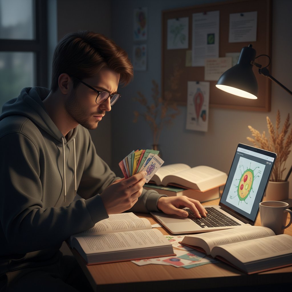 Uczeń przygotowujący się do matury z biologii przy komputerze