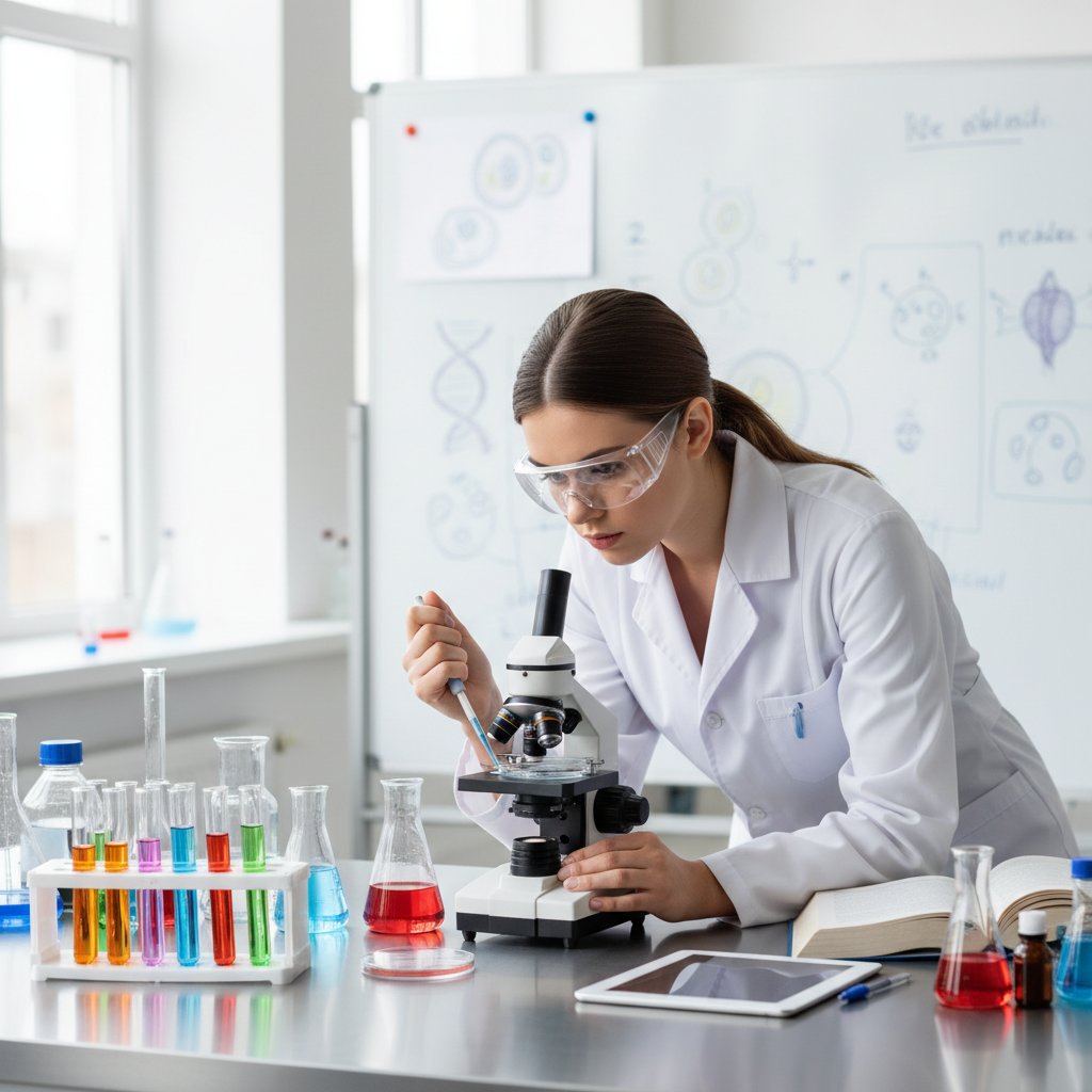 Student wykorzystujący wiedzę z biologii w praktyce podczas warsztatów laboratoryjnych