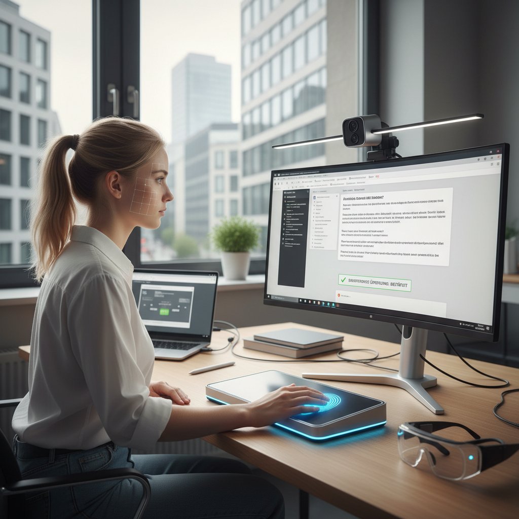 Student korzystający z nowoczesnego systemu biometrycznego podczas testu niemieckiego online