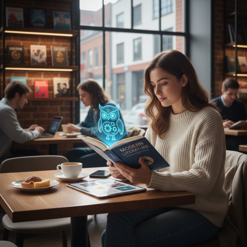 Student z książką i smartfonem rozmawia z cyfrową postacią w kawiarni