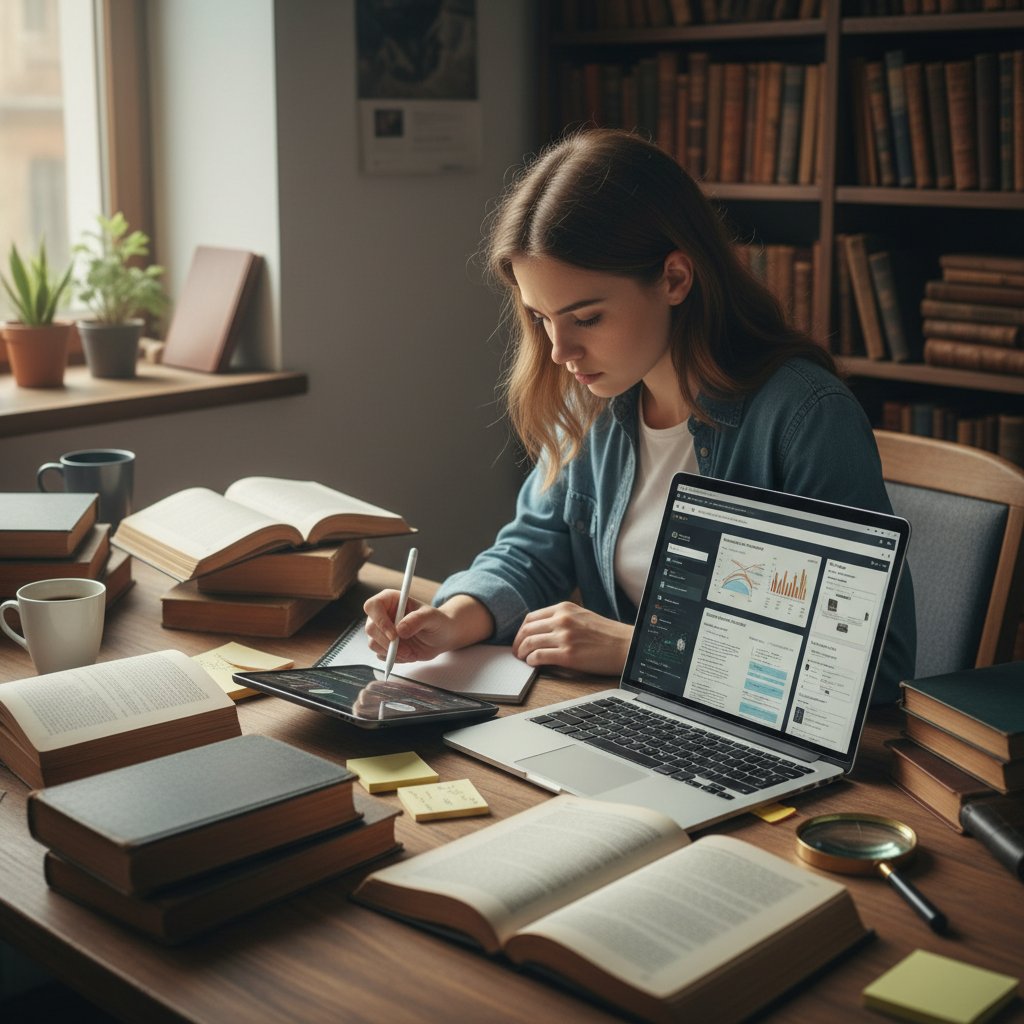 Student analizujący książki i materiały online, próbujący połączyć informacje z różnych źródeł
