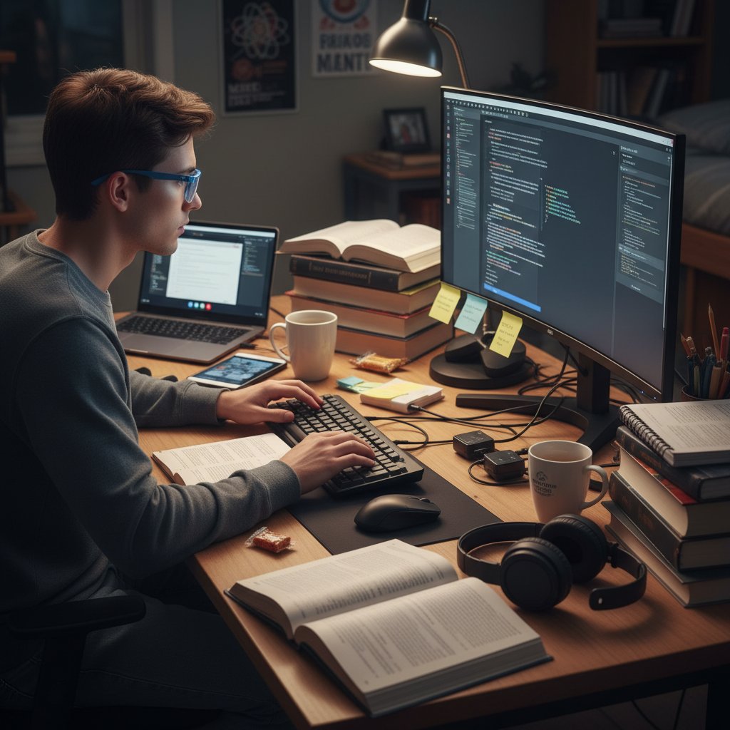 Student przygotowujący się do egzaminu notarialnego online, otoczony książkami i sprzętem elektronicznym, skupiony na ekranie