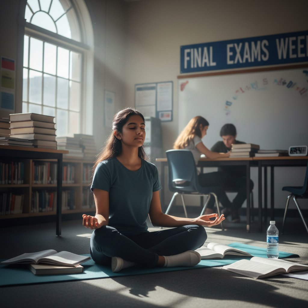 Uczeń wykonujący ćwiczenia oddechowe przed szkołą, spokojna postawa