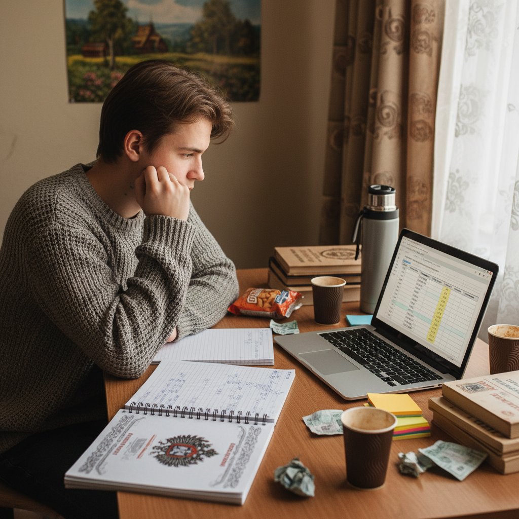 Młody student planuje budżet na naukę rosyjskiego online, laptop, notatnik, spokojna atmosfera