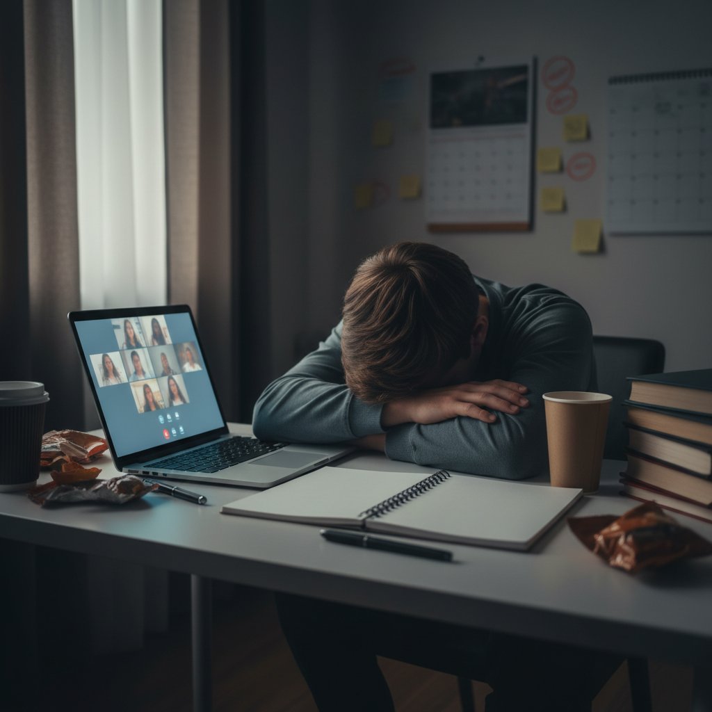 Uczeń znużony nauką online, siedzący przed laptopem z pustą kartką, obrazujące wypalenie edukacyjne