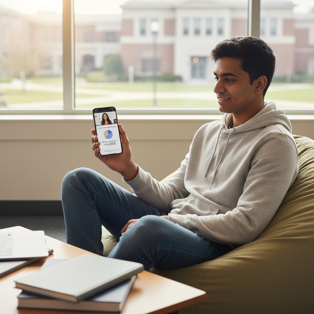 Uczeń obliczający oszczędności na smartfonie, analiza kosztów korepetycji online
