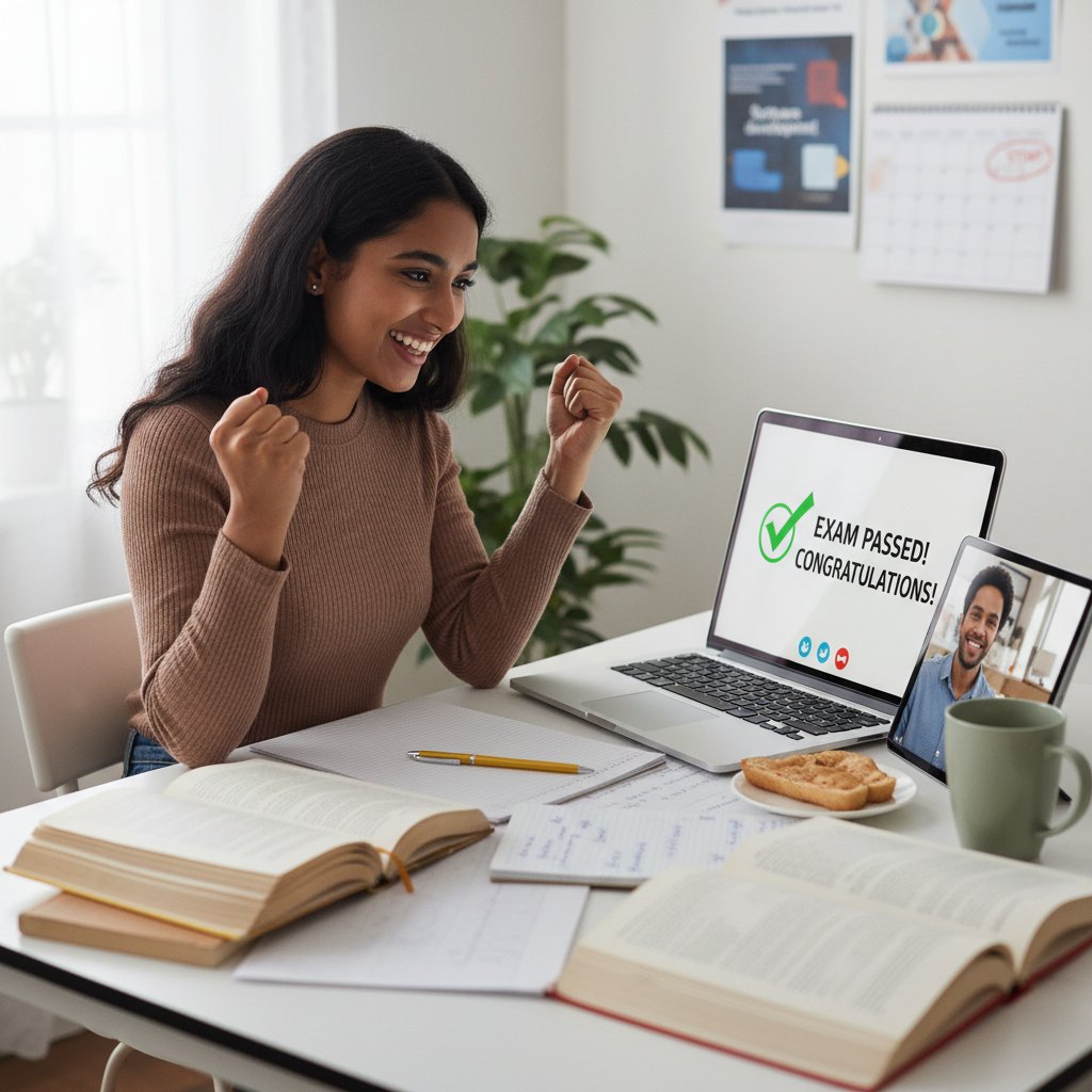 Student świętuje sukces po egzaminie, komputer, notatki, radość z nauki online, perspektywa kariery