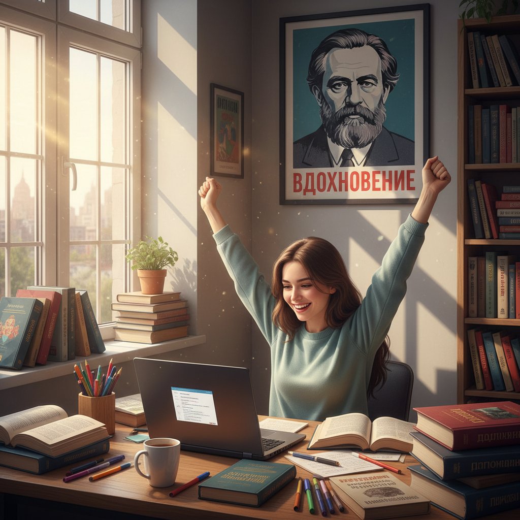 Student po maturze świętujący sukces, radość, konfetti, laptop, rosyjskie książki, światło dzienne, inspiracja