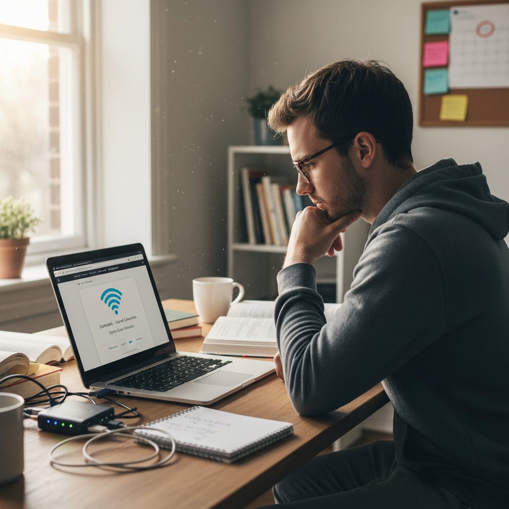 Student sprawdzający laptop i łącze internetowe przed egzaminem językowym online