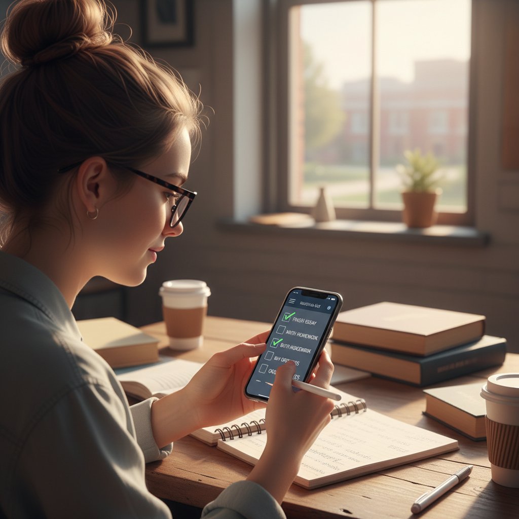 Uczeń odhaczający zadania na liście w telefonie