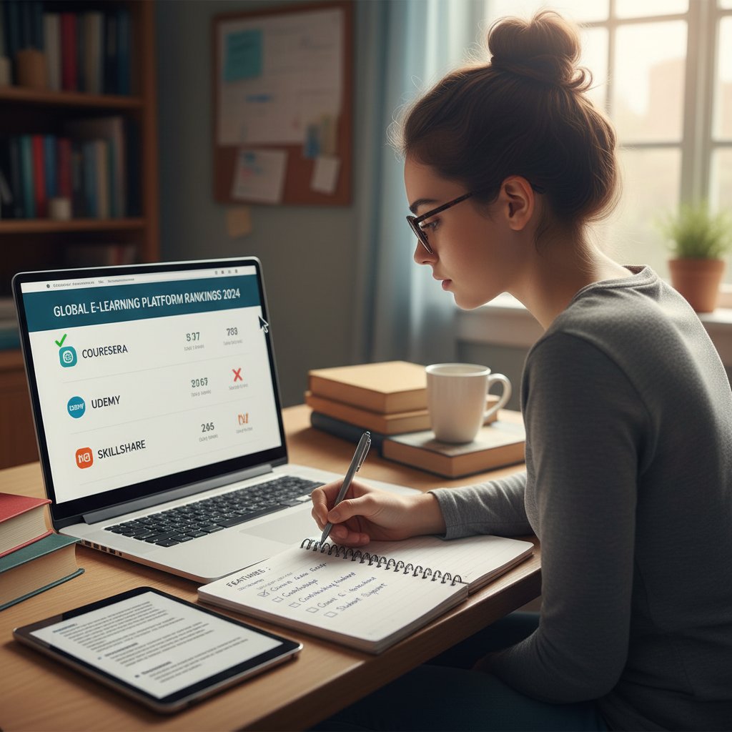 Uczeń badający ranking platform edukacyjnych online, lista kontrolna wyboru