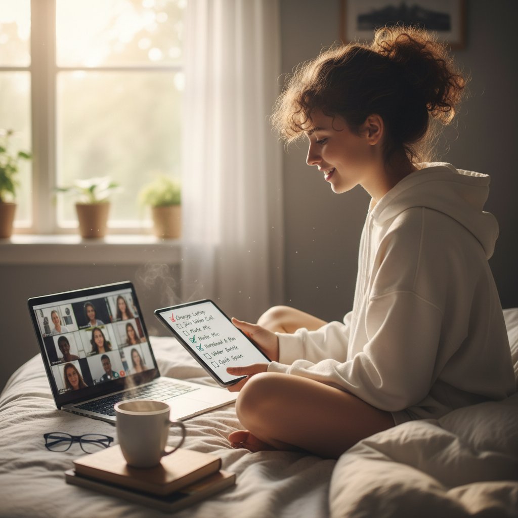 Uczeń odhaczający checklistę przed lekcją online, laptop na biurku