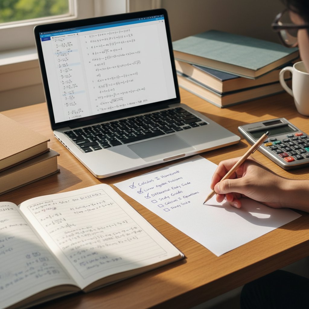 Uczeń analizuje checklistę wyboru korepetycji online, laptop, notatki matematyczne