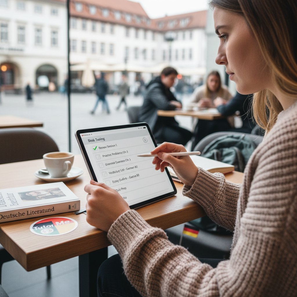Schülerin prüft mit Checkliste auf Tablet ihre Nachhilfe individuell und flexibel