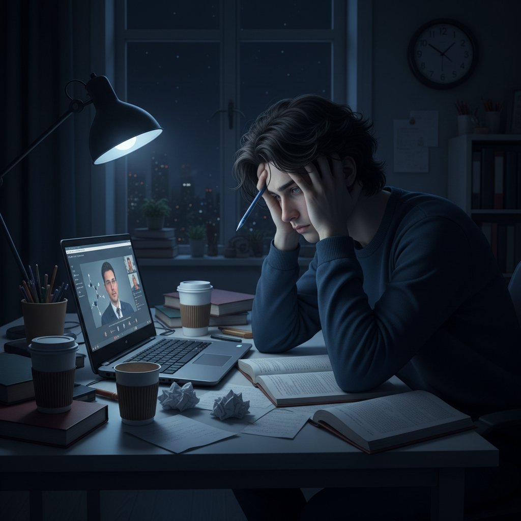 Uczeń zmęczony nauką chemii online, głowa oparta o rękę, monitor świeci w nocy