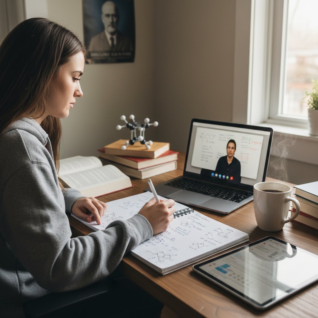 Uczeń rozpracowuje równania chemiczne online z notatkami i laptopem