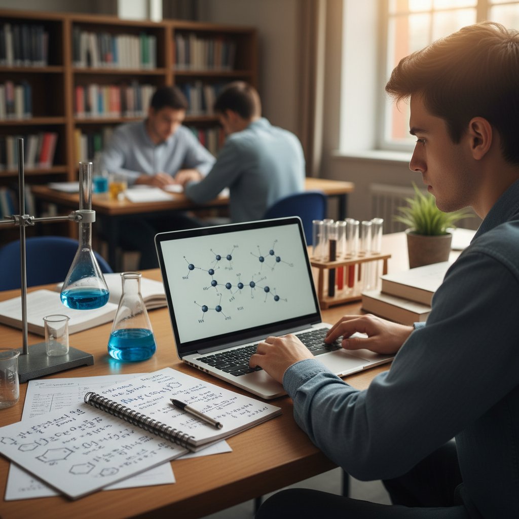 Uczeń rozwiązujący zadanie chemiczne na laptopie, notatki i wzory chemiczne na stole