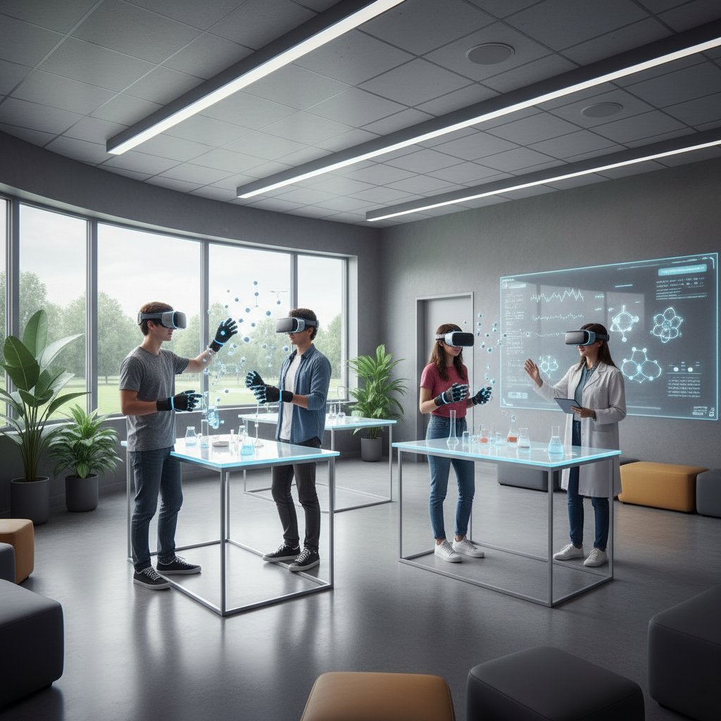 Uczeń korzystający z VR do nauki chemii w nowoczesnej klasie