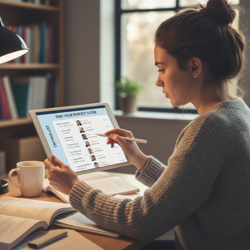 Student wybierający korepetytora przez internet, lista kryteriów na ekranie