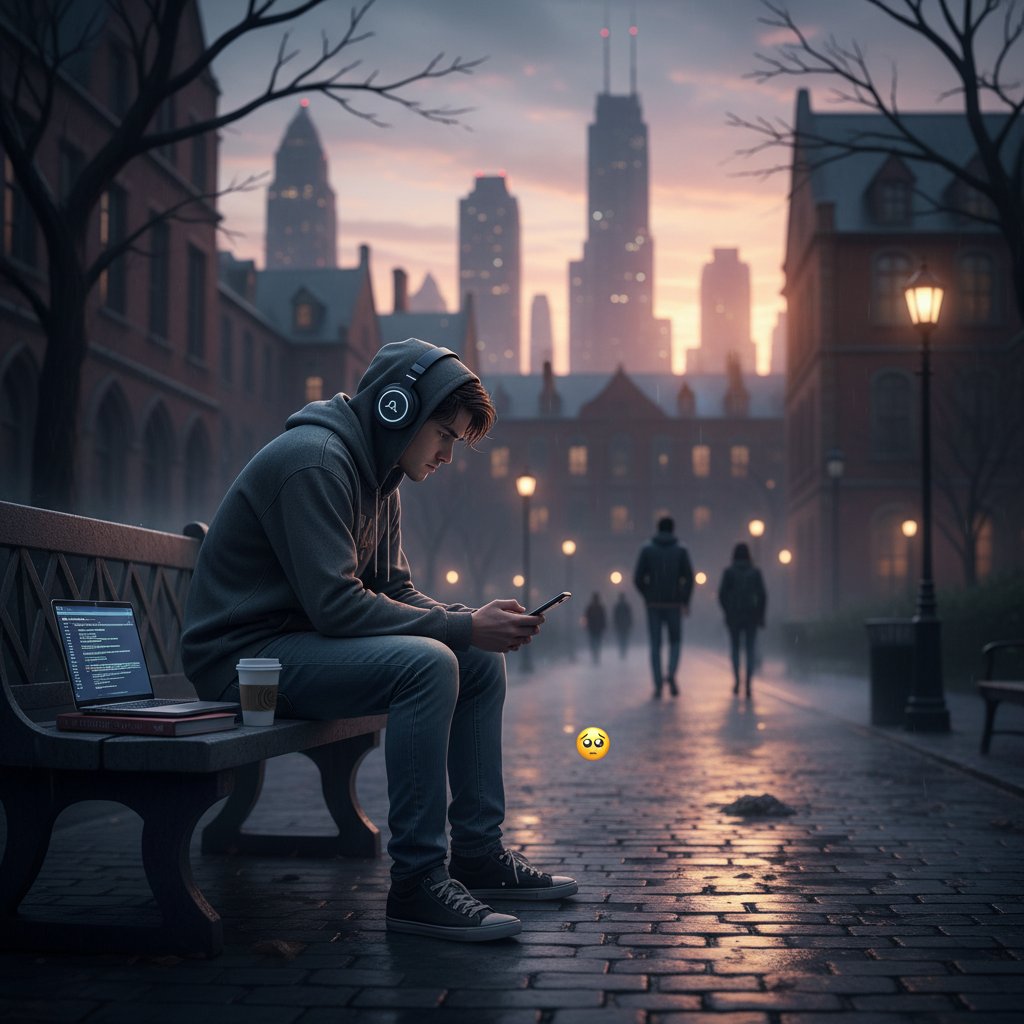 Młody student szuka komfortu w miejskim zgiełku