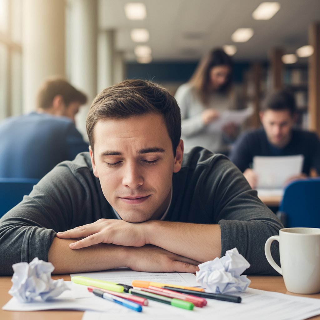 Zbliżenie twarzy ucznia tuż po egzaminie, emocje i wyczerpanie