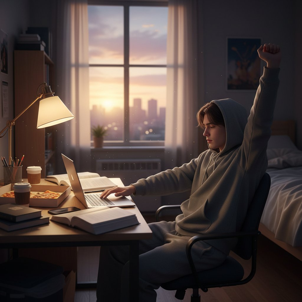 Uczeń zamykający laptopa o świcie po nocnej nauce, symboliczna scena końca przygotowań