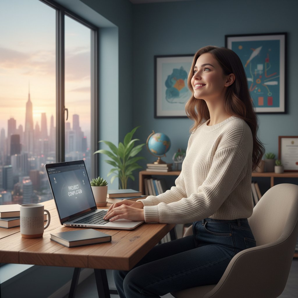 Uczeń zamykający laptopa po udanej nauce online, gotowy na nowe wyzwania, wordwall korepetycje online