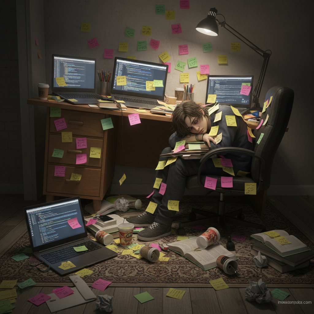 Student collapsed at desk, surrounded by open laptops, sticky notes, and coffee cups—a portrait of burnout