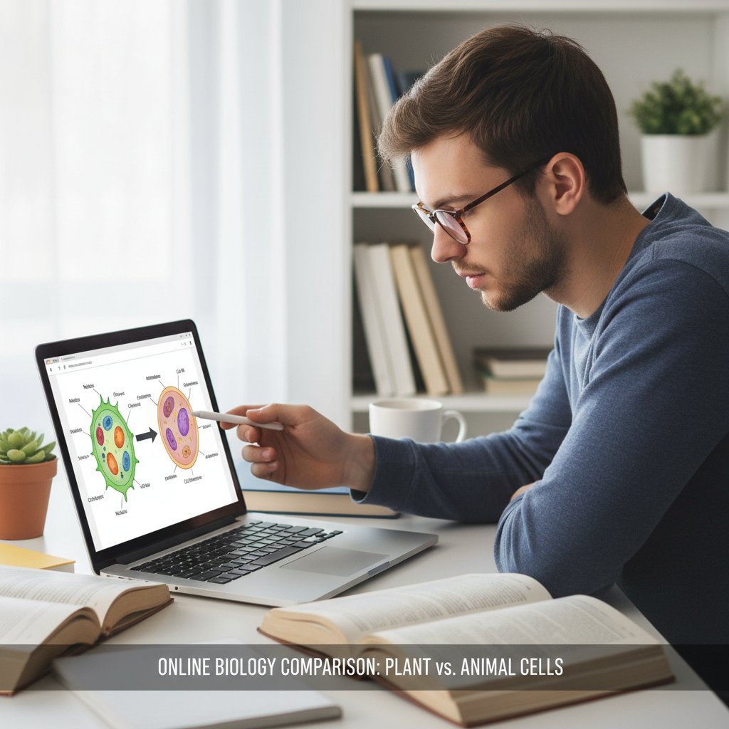 Student porównuje różne platformy biologii online, laptop, notatki