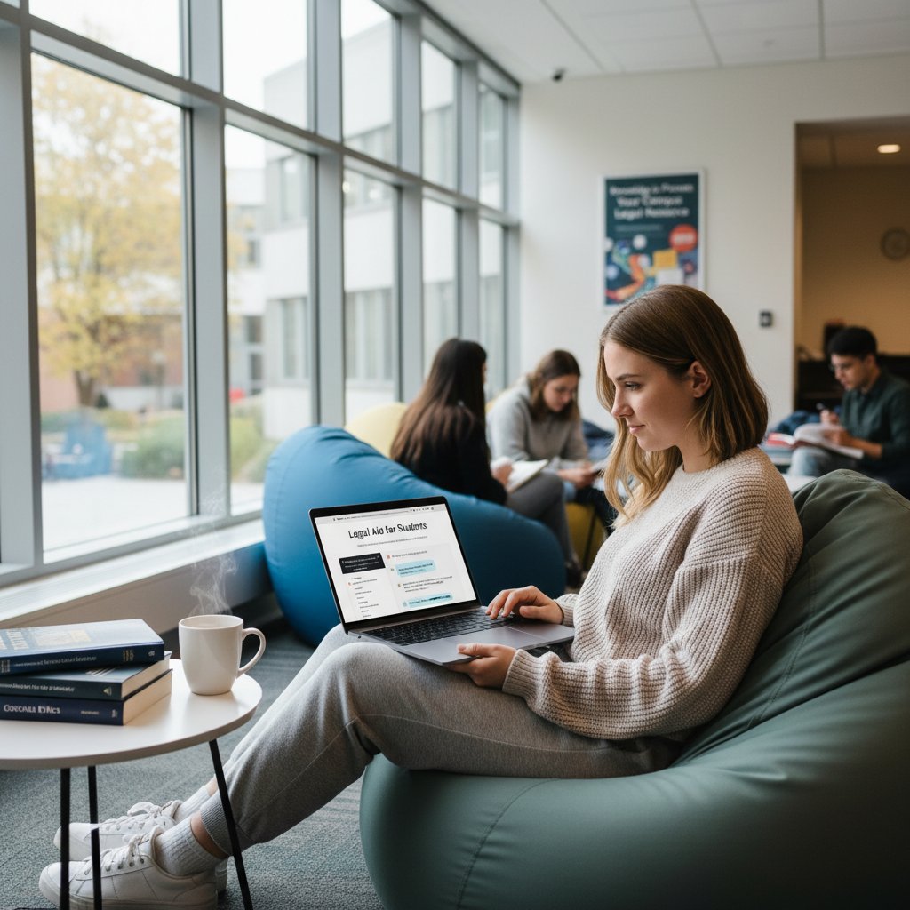 Student przy komputerze korzystający z porad prawnych online, atmosfera swobody i koncentracji, motyw edukacji