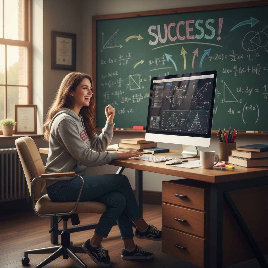 Uczeń przy komputerze, tablica matematyczna w tle, emocje – radość z sukcesu