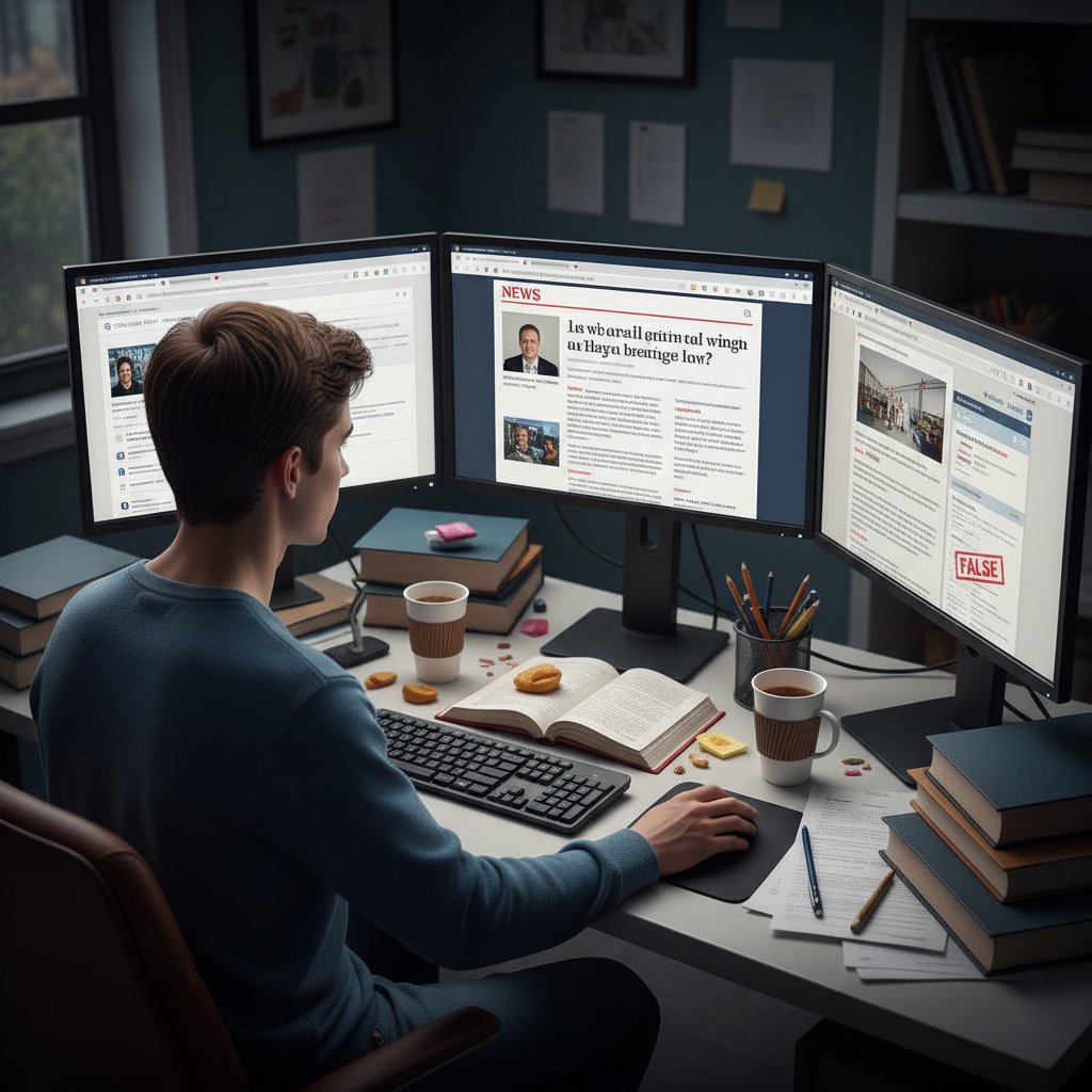 Student analizujący źródła na kilku ekranach, narzędzia weryfikacji informacji, analiza źródeł online