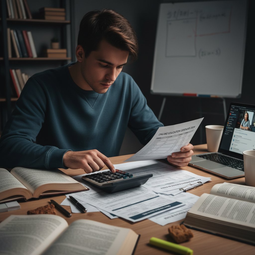 Student liczący koszty edukacji online – kalkulator, laptop, stos dokumentów